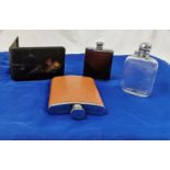 3 x vintage Hip Flasks, one 2 1/4 oz, “Equestrian”, one English, one glass base and Chinese black
