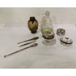 7 pieces – silver topped hair tidy, 3 x vintage manicure tools, 2 enamel and porcelain trinket boxes