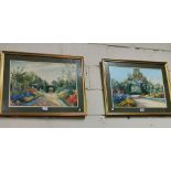 Pair of colourful watercolours – formal garden scenes – green mounts and gold frames