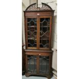 Edwardian Mahogany and Line Inlaid Corner Cabinet with two astragal glazed upper doors over two