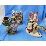 4 Antique Staffordshire Figures – woman with donkey, with dog, Scottish hunter, “Knight” (4)