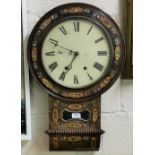 19thC Rosewood mother of pearl inlaid drop-dial wall clock, the painted dial with Roman numerals & 2