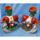 Pair of Victorian Staffordshire Vase Figures of Cows with their suckling calves – each 33cmW x 37cmH