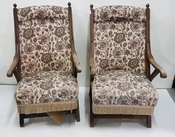 Matching Pair of early 20thC Oak Framed Armchairs with padded backs and seats, x-frame shapes