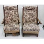 Matching Pair of early 20thC Oak Framed Armchairs with padded backs and seats, x-frame shapes