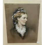 Victorian portrait of a lady wearing a lace edged bonnet and a lace collar, initially 1879, in an