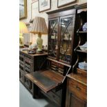 George III style mahogany bureau bookcase, 2 glass upper doors, 78cm w x 205cm h