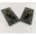 Pair of nice quality reclining French Bronze Whippets, on green marble bases, 20cm d x 10cm w (2)