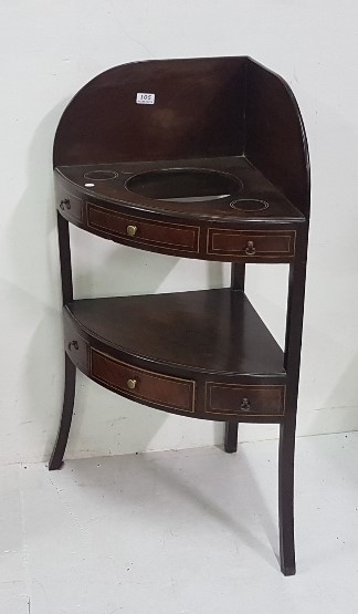 Georgina Mahogany corner washstand with raised gallery & bowl well, stretcher shelf with drawer,