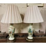 A pair of painted green opaque glass electric Table Lamps decorated with continental watermill