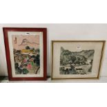 19th C Japanese watercolour, signed & “Lutzu Creek”, antique fine art print (2)