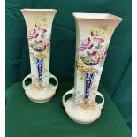 Pair of Tall English Bursleum Vases (Art Nouveau Style), decorated with pink floral displays, 32cmH