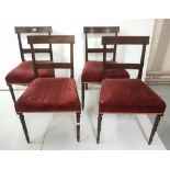 Set of 4 Edw. Mahogany Dining Chairs, with rail backs, on turned legs, red velour covered seats