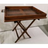 Large oak Butler’s Tray with sectional bark displays to top, 65cm x 80cm, on a folding base