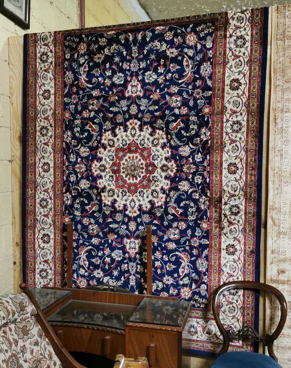 Blue ground Kashmir Rug, with a sharbaz medallion design, 2.3m x 1.6m