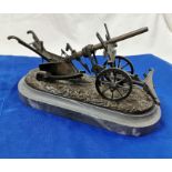 Bronze French early 19thC scale model of a Plough, on an oval shaped grey marble base, 29cm x 15cm