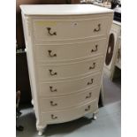 Tallboy Chest of 6 Drawers, with shaped brass handles, painted cream, on feet (probably pine), 72cmW