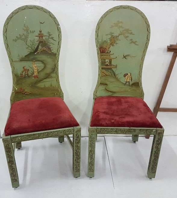 Matching Set of 6 Japanese Dining Chairs, the high and pear-shaped backs featuring raised Japanese