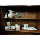 2 shelves of china items – Crown Devon jam dishes, Wedgewood small vase etc