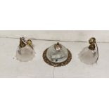 Matching Pair of ridged Glass Ceiling Lights & a basket shaped ceiling light (3)
