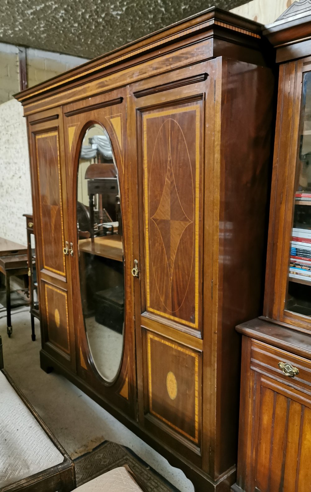 Large Edwardian Mahogany Wardrobe – 3 door - inlaid, with a central oval bevelled mirror,