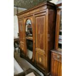 Large Edwardian Mahogany Wardrobe – 3 door - inlaid, with a central oval bevelled mirror,