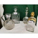 4 Early 20thC Glass Items – 2 decanters with gold accents, etched ewer & an etched decanter (4)