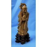 Carved Soapstone Figure of a Japanese Man, on a brown root style base, 26cmH