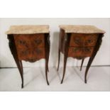 Matching Pair of French Kingwood and marquetry inlaid Narrow Chests of 2 drawers, with shaped