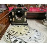 Group of reproduction clock dials & a Marble Mantle Clock Case with beige panels