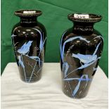 Matching Pair of Enamel Painted 19thC Vases, bohemium style, featuring birds on willow branches,