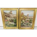 Pair of bright Watercolours “Cottage Cottages in colourful gardens”, in matching gilt frames, each