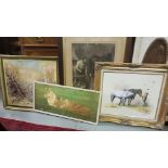 6 x Animal related Pictures – Oil of Horse, hedgehogs etc