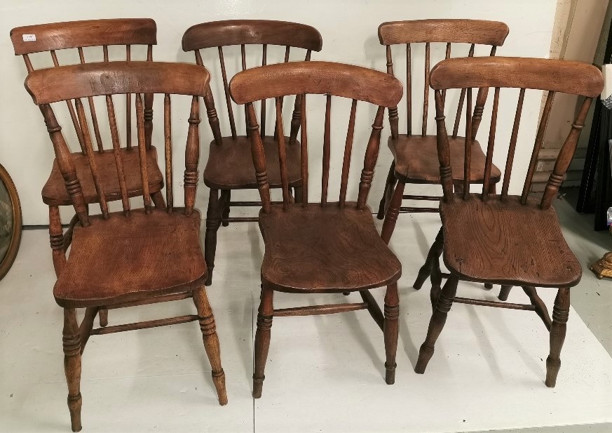 6 x mostly matching antique Kitchen Chairs, with spindle back (some pine, some elm, old woodworm) (