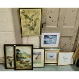 7 framed pictures – watercolours of birds, prints of cattle, people etc