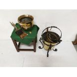 Brass Jardiniere in stand and a brass Coal Bucket with iron mounts and fire tool contents (2)