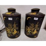 Pair of Chinese style black ground Tea Bins painted with figures, with a lid, 40cm h (2)