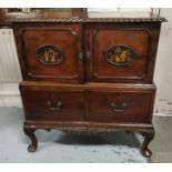 Early 20thC Mahogany 2-Tier Side Cabinet, the two upper drawers decorated with oriental figures in a