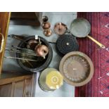Grouped lot - metal Jardinere, copper vase, fire bellows, nut roaster, antique copper pie dish etc