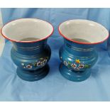 Matching Pair of Enamel Plant Pots, blue ground with floral sprays, each 25cmH