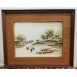 Oriental Watercolour – figures in a paddy field, signed T Supsirikool 1974, canvas mount, oak frame,