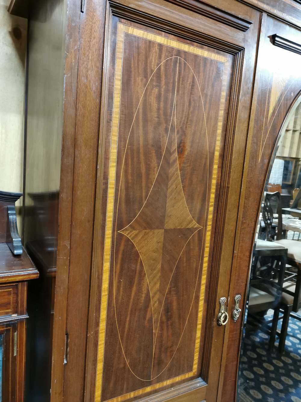 Large Edwardian Mahogany Wardrobe – 3 door - inlaid, with a central oval bevelled mirror, - Image 3 of 3