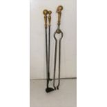 2 Steel Fire Irons with brass handles, a metal scraper & a polished brass fire screen (4)