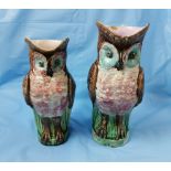 Pair of English Majolica Owl Jugs, brown with pink feathers, one 26cmH, one 29cmH (chip to rim of