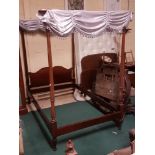 Mahogany 4 Poster Bed with reeded and turned posts, 4ft 6" w x 6ft 6" long x 83"h, with side