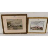 2 Watercolours - Saving the Turf, signed J McDonald, Irish Artist, 22cm x 30cm, mounted in gold