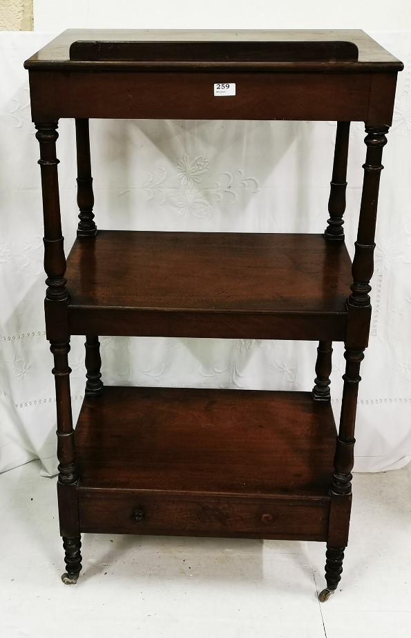 3-Tier Antique Mahogany Rostrum, with turned columns, adjustable lectern top and a stretcher drawer,