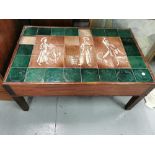 A nest of 3 mahogany tables – oval shaped with scalloped edges) and a tiled top coffee table with