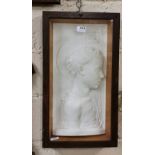 Late 19thC/early 20thC plaster plaque, profile portrait of a young saint, in an oak glazed boxed