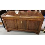 Edwardian Oak 3 Panel Coffer, with similar hinged lid, on raised square feet, 1.2m w x 64cm h x 54cm